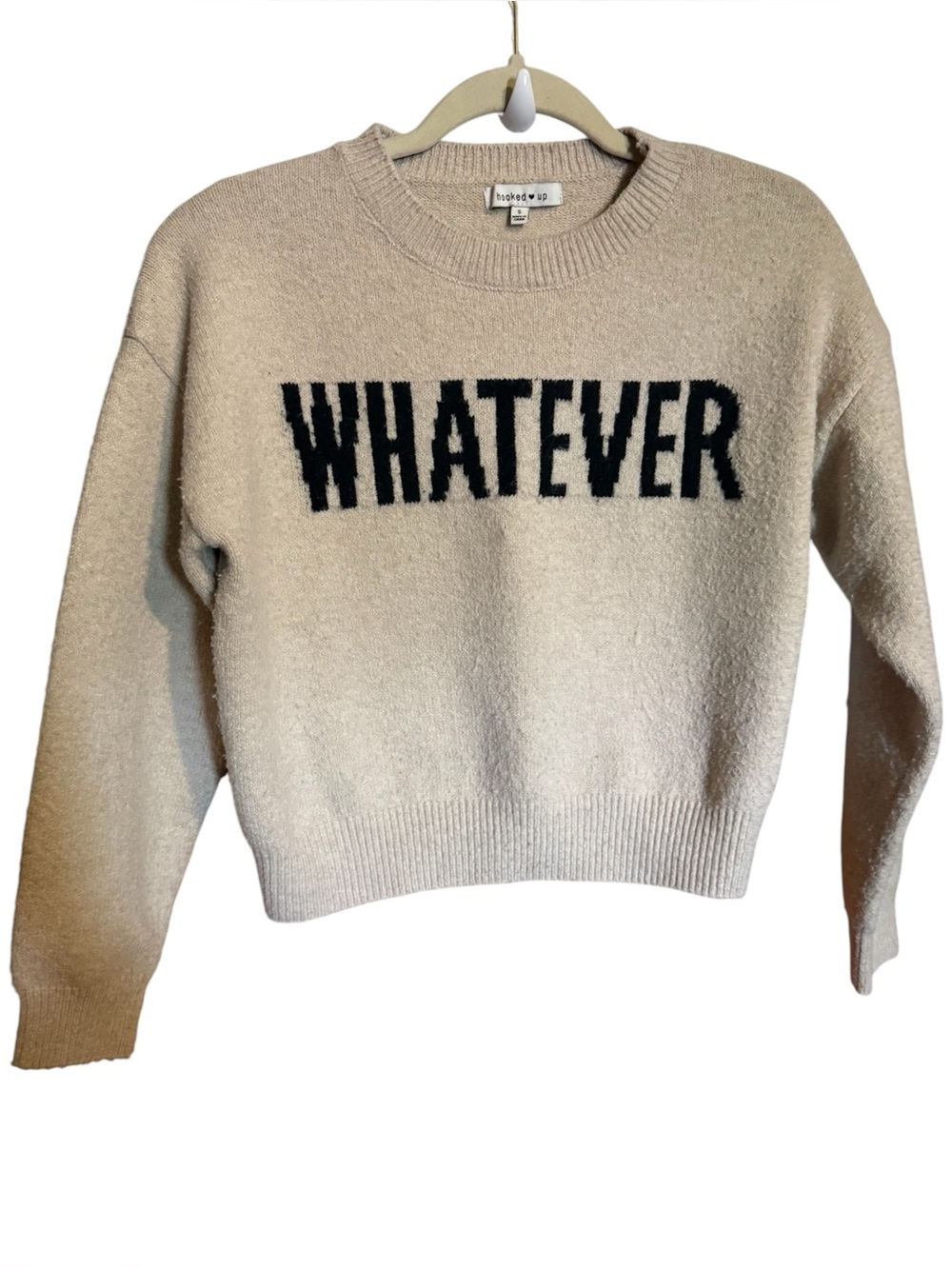 Hooked Up by IOT Beige Crewneck Sweater with Black "WHATEVER" Text small